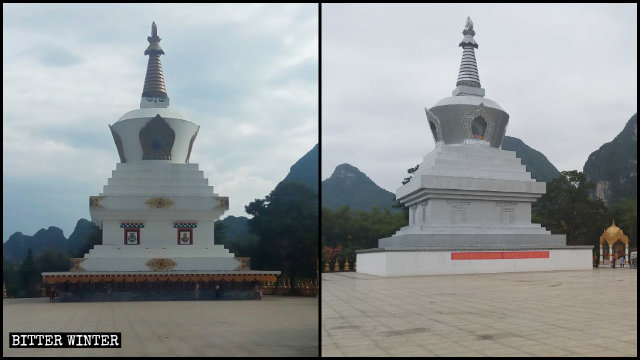 安福寺藏式佛塔被改造成「灰塔」，塔底部的轉經筒也被密封在混凝土裡