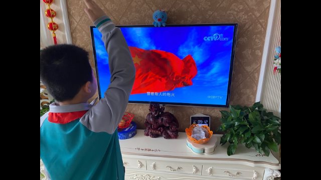 山東膠州小學生在家通過電視機上網課觀看升國旗並敬禮（網絡圖片）