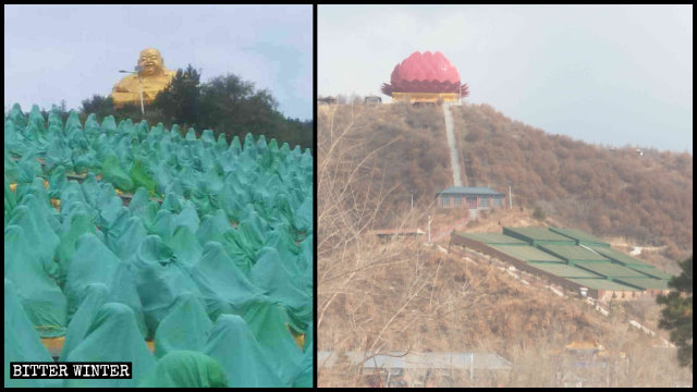 桃源聖地風景區800尊羅漢像被綠布遮蓋，佛像變成了大蓮花