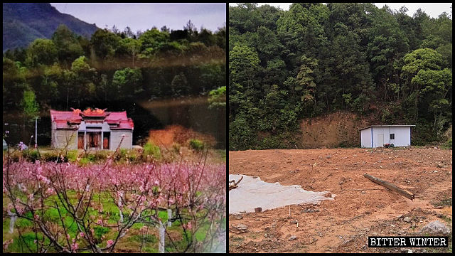 5月1日，羅氏祠堂被拆（左為知情人提供，右為記者拍攝）