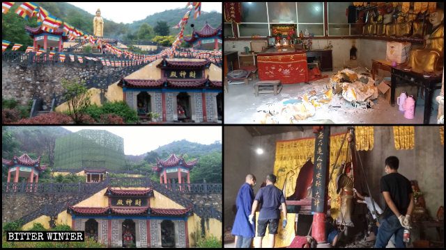 湖北各地砸毀、封蓋宗教造像（左列2圖由記者拍攝，右列2圖由知情人提供）